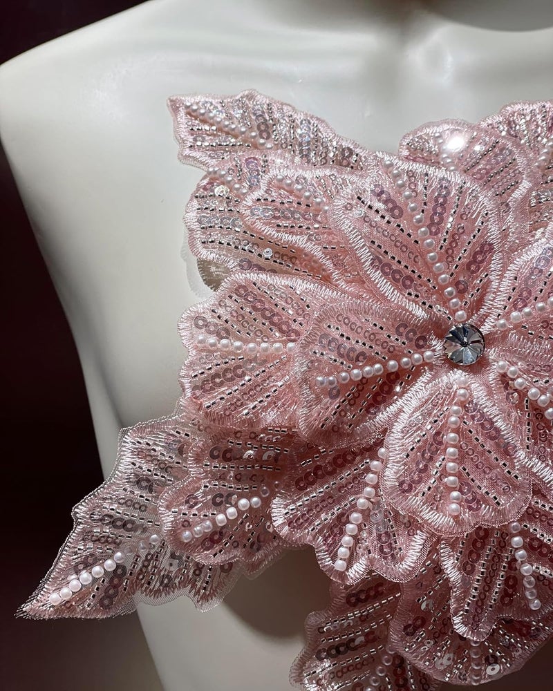 JRYYR Handmade Pink Appliques, Sequin Flower Patches, Sewing Beaded Appliques for Dresses, Wedding Dresses, Bags and Other DIY Decorative Accessories. (Pink-01) - Image 2